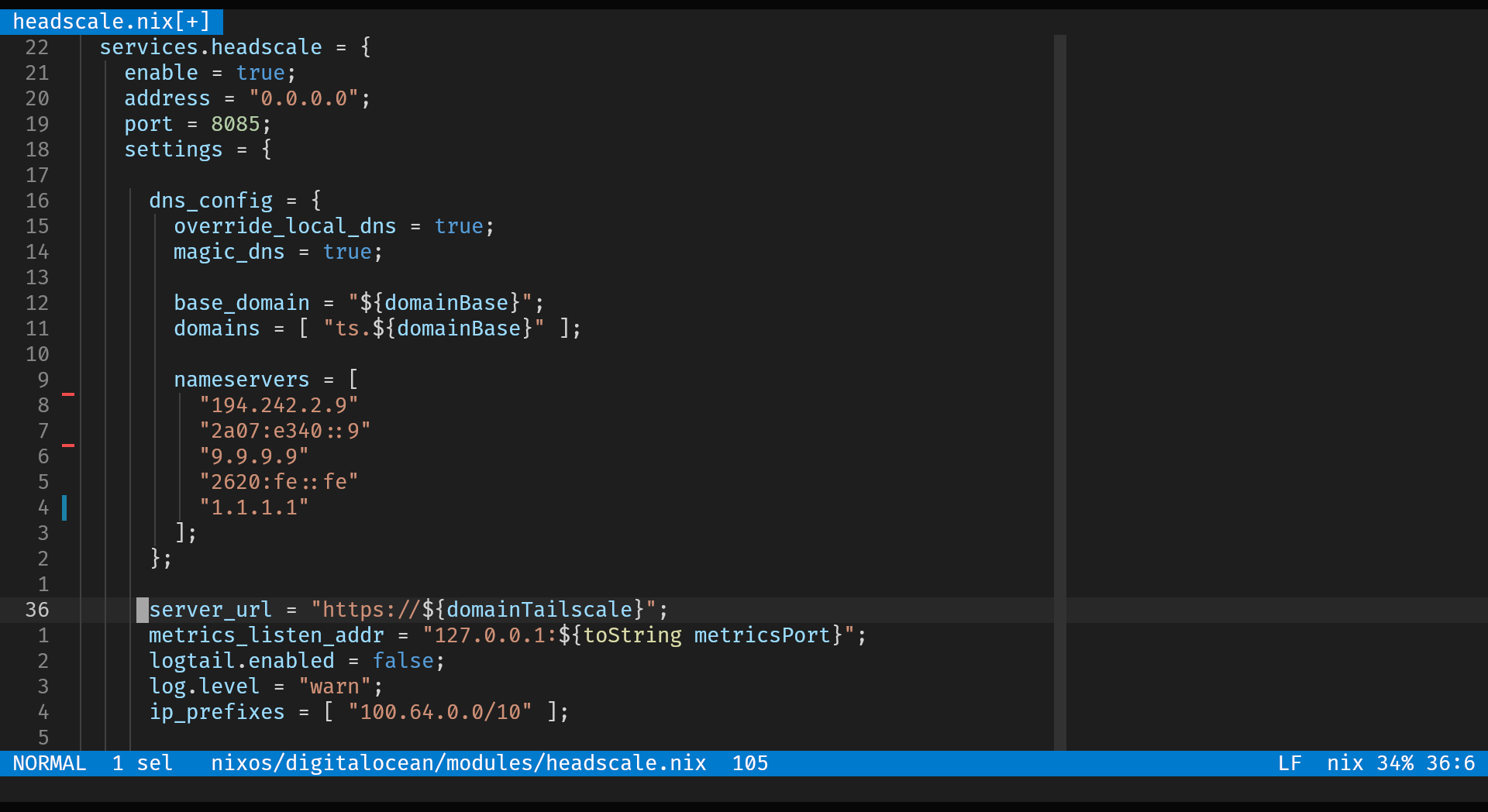 A screenshot of Nix code to set up a Headscale configuration.