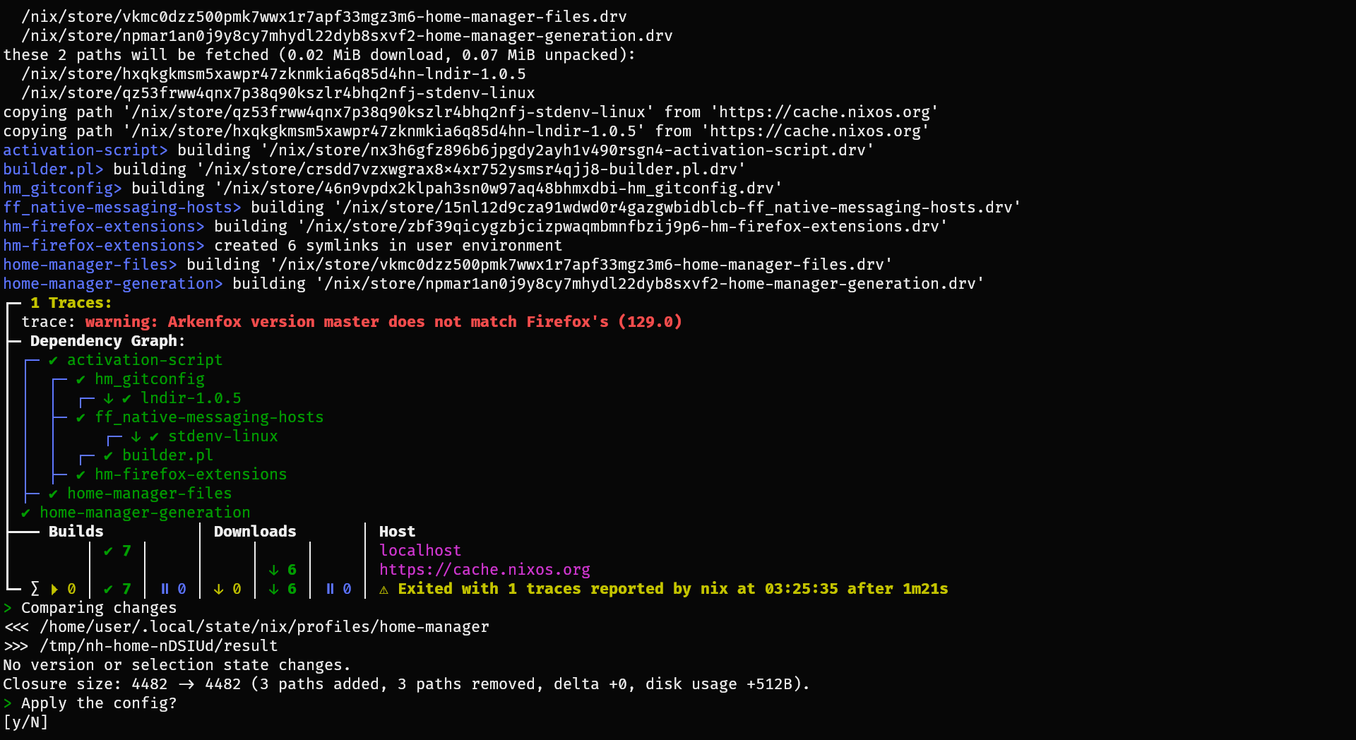 A screenshot of Nix applying changes to the system user's home configuration.