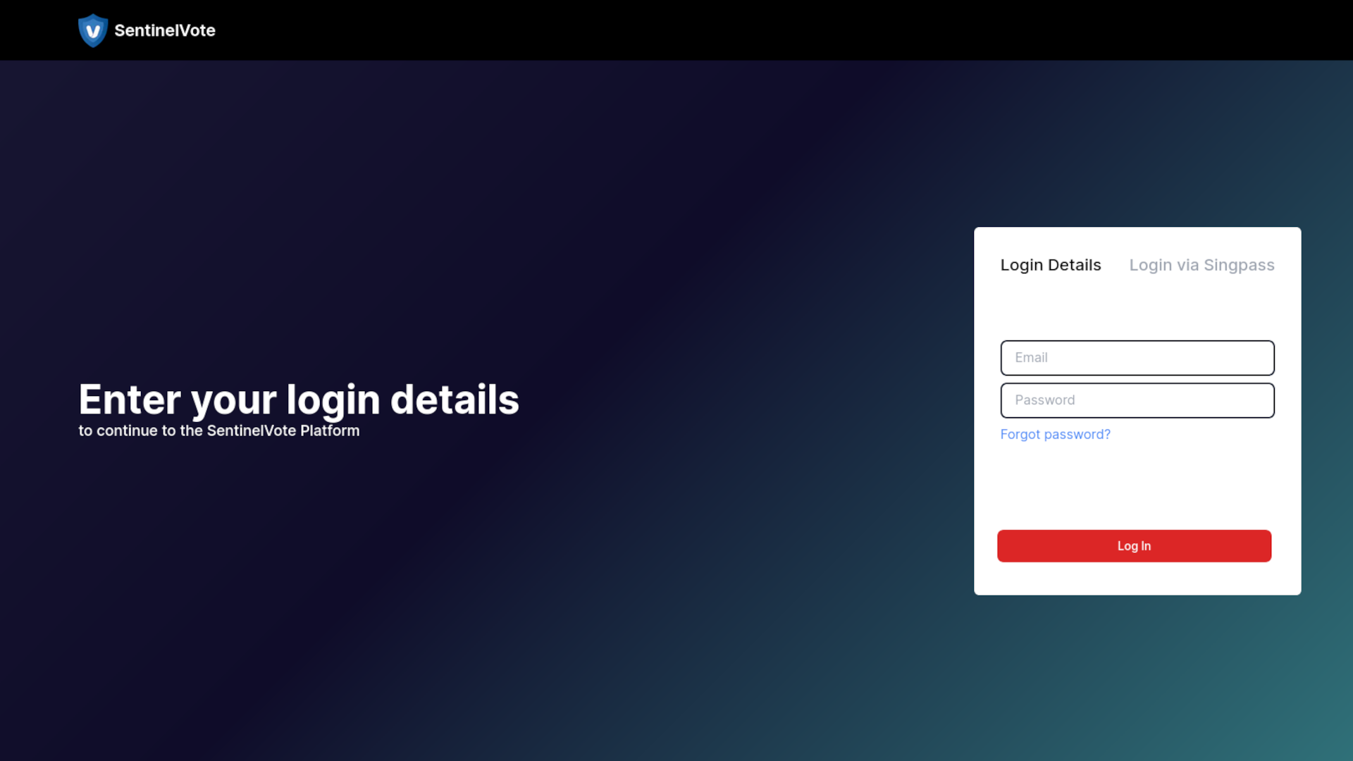 Screenshot of the login page for SentinelVote