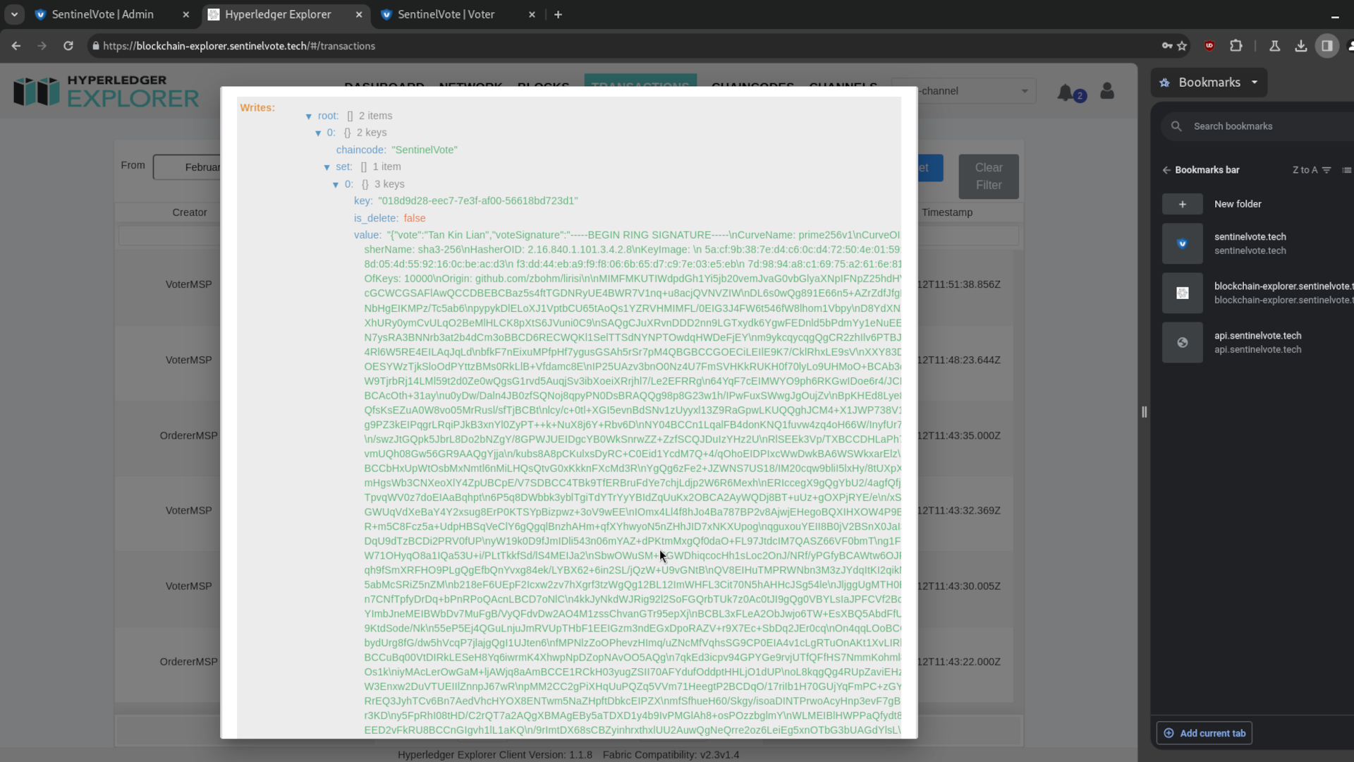 Screenshot of the cryptographically signed vote in SentinelVote