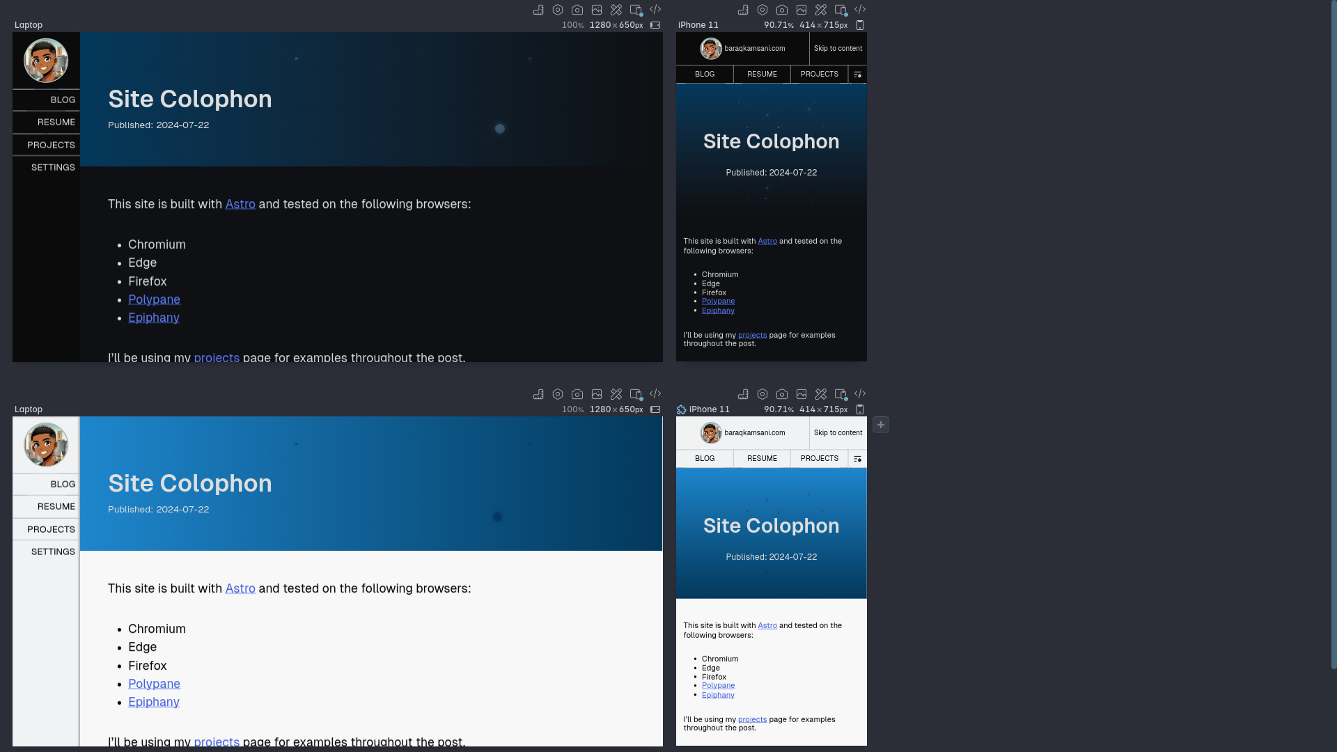 Screenshot of my previous website in dark and light mode on desktop and mobile.