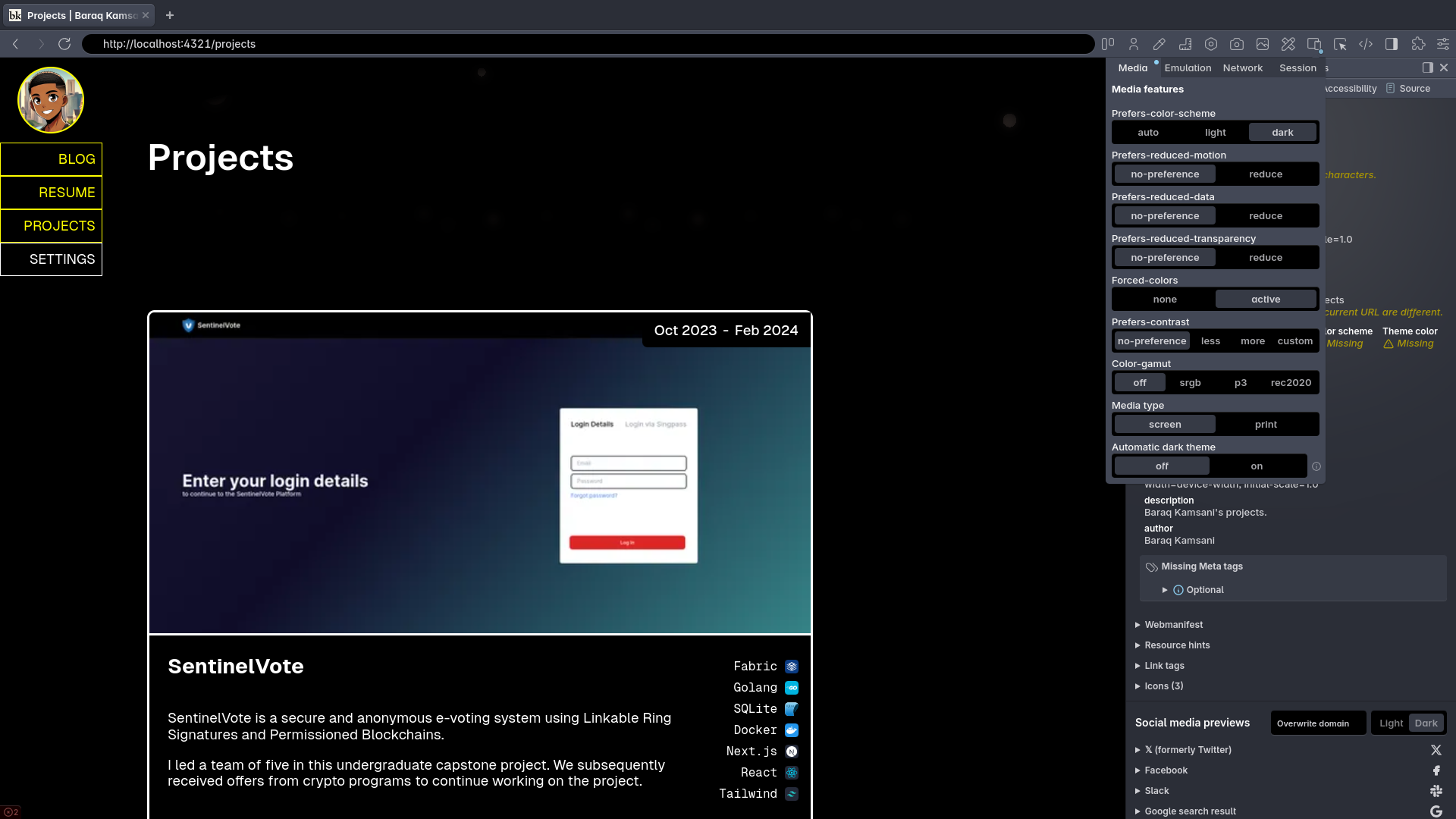 Screenshot of my previous website in forced colors dark mode on desktop.