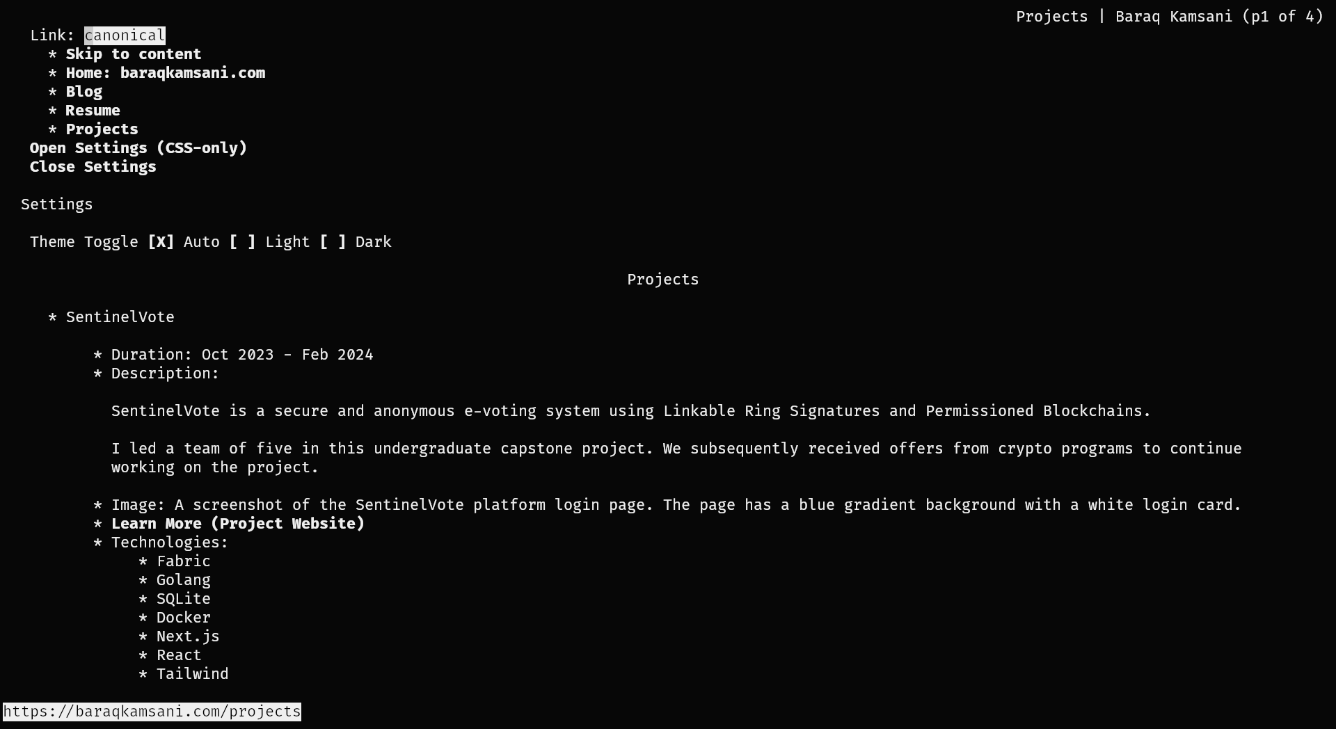 Screenshot of my previous website as it appears on the 'links' terminal browser.